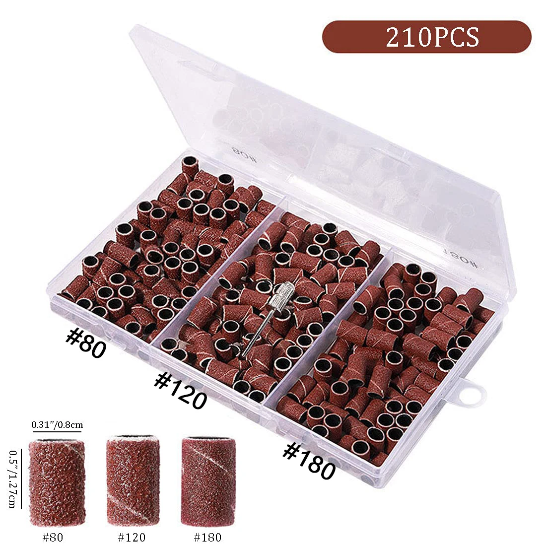 전기 매니큐어 기계용 샌딩 캡 밴드 210개/박스 180 # /120 # /80 #   그릿 네일 드릴 그라인딩 비트 파일 페디큐어 도구 세트