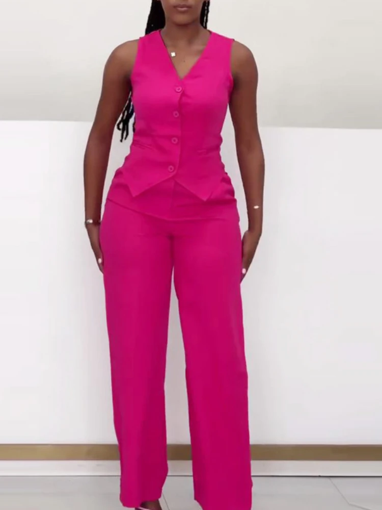 

Fashion Two Piece Set Office Lady Outfits Women's Set Solid Color Sleeveless Button Fly Vest Shirt and Wide Leg Pants Set