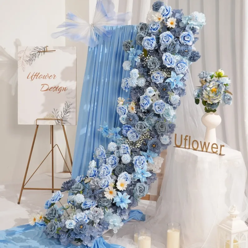 

200cm Elegant Dusty Blue Roses Hydrangeas Daisies Artificial Flower for Wedding Arch Event Backdrop Table Centerpiece Decoration