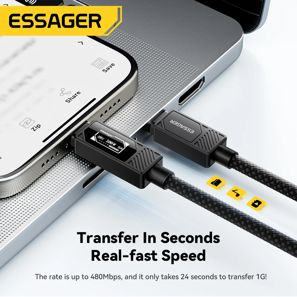 ESSAGER 100W Type C to C Cable With Digital Display PD Fast Charging Cable for MacBook Pro/Air iPhone 17/16/15 iPad USB C Cable