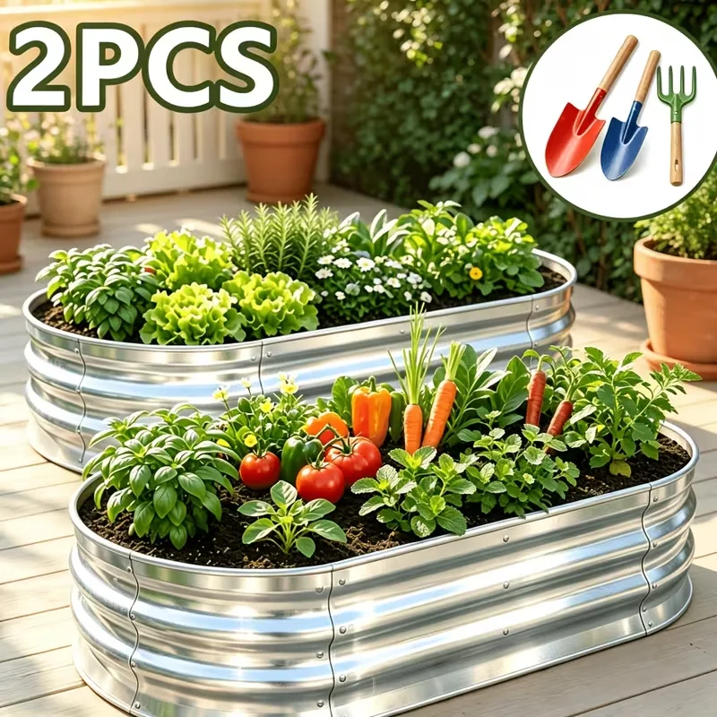 2Pcs Thickened Galvanized Oval Large-Capacity Raised Garden Planter Bed, Multi-Purpose Outdoor Metal Planting Box, Rust Resistant, for Herbs, Vegetables & Fruits