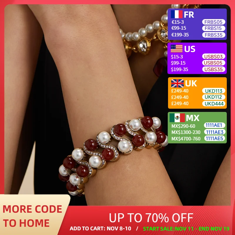

Vintage Beaded Pearl Bracelets For Women Red Glass Rhinestones Wide Bangle Elastic Ladies Wedding Handmade Antique Jewelry 2025
