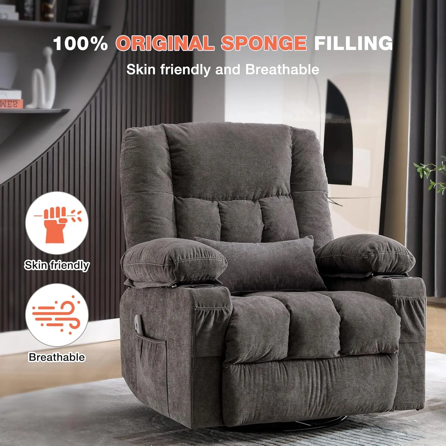 Oversized Vibrating Heated Swivel Rocker Massage Recliner Chair with USB Port Cup Holders Side Pockets for Living Room