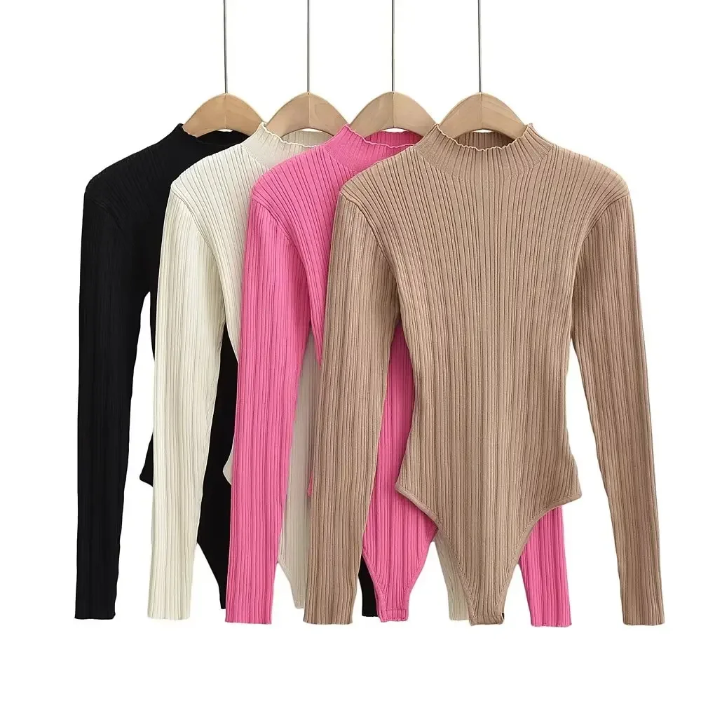 

Женский вязаный эластичный тонкий боди с длинными рукавами, 4 цвета, модная осенняя одежда, женский комбинезон