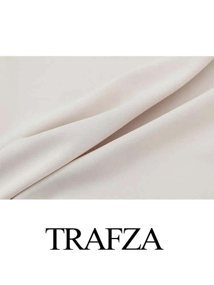 TRAFZA Women Summer Fashion Silk Satin Textured Dress Female New Crew Neck Sleeveless Dew Shoulder Waist Pleated Midi Sexy Dress