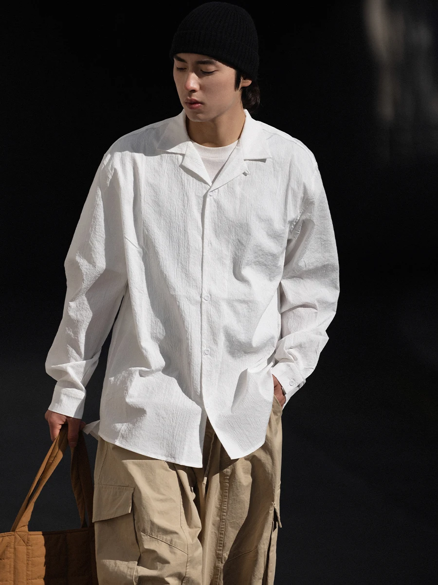 

Noears Cuban Collar Long Sleeve Men's Shirt Loose Fit Fashionable Spring Autumn White Shirt Youthful Style Easy Care Polyester