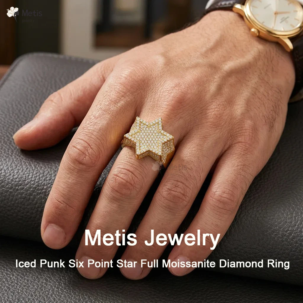 Six Point Star Ring Luxury Hip Hop Full Moissanite Diamond Ring For Men 925 Sterling Silver Jewelry Plated Men's Silver Ring