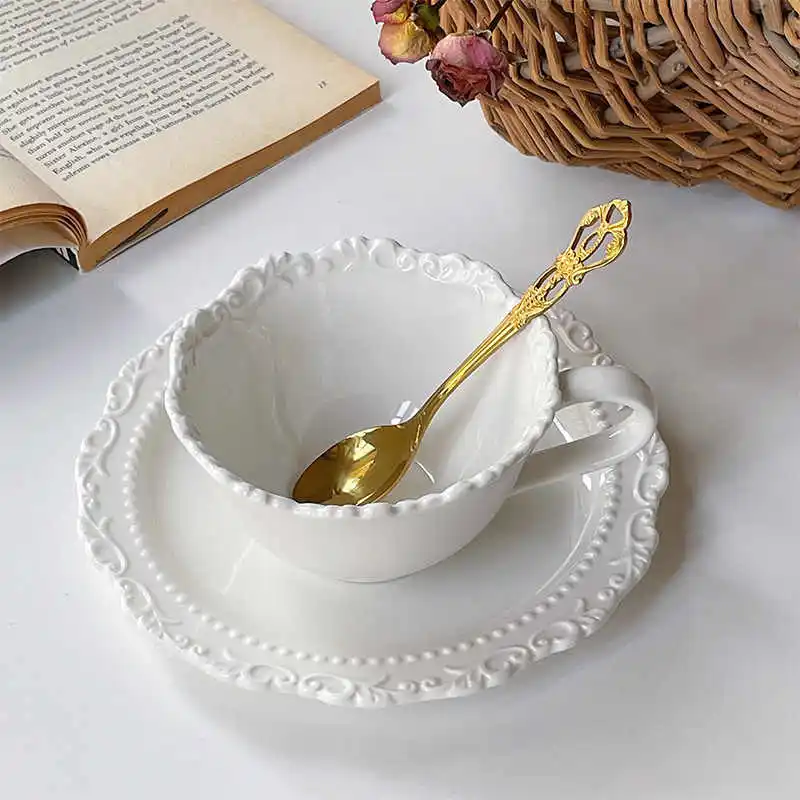 French Embossed Ceramic Coffee Cup And Saucer Retro Afternoon Tea Drinking Set Household Solid Color Latte Cup Dessert Saucer