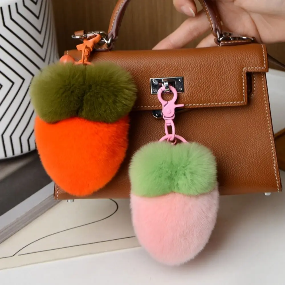 Cute Fruit Plush Carrot Key Ring Bag Charm Ornaments Rabbit Fur Keychain Decoration Key Holder Fluffy Ball Pendant Women Female