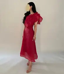 Customized Modern O-Neck Tulle Short Sleeves Evening Dress Temperament Tiered Pleats Burgundy Robe de soirée Vestido De Festa