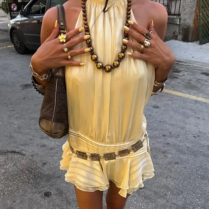 Talenza セクシーなホルターフリルミニドレス女性レースアップノースリーブバックレスビーチパーティードレス 2026 夏のファッション休暇ドレス