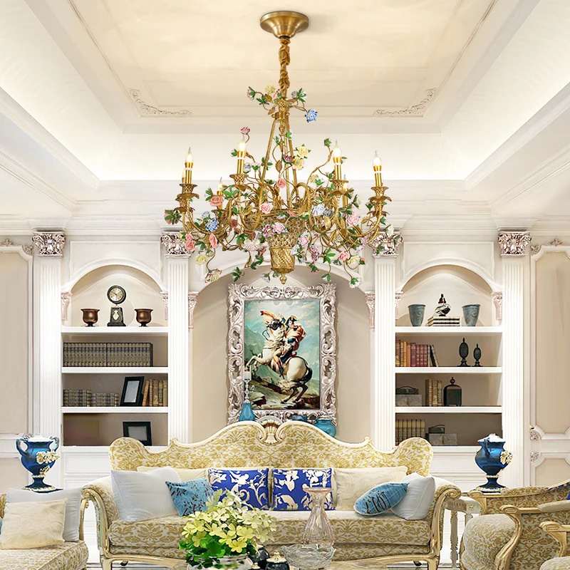 French Luxury Ceramic Flower Decorative Candelabra Lighting Luxury Vintage Exquisite Hall Hotel Chandelier