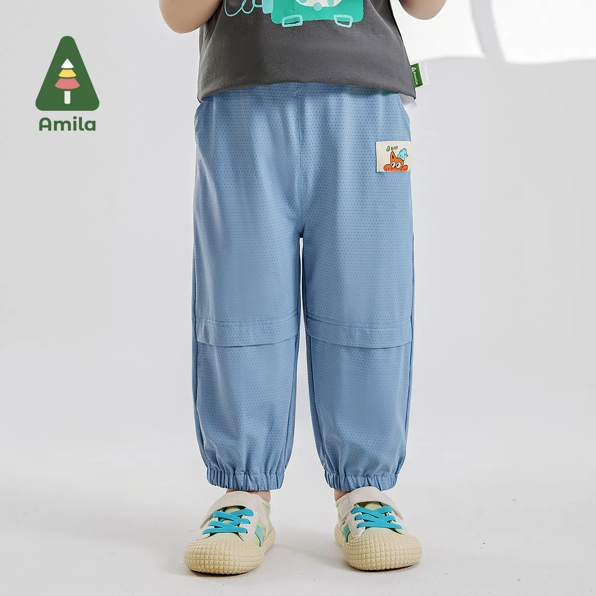 Amila2024 Summer New Children\'s Pants Boys Solid Color Patchwork Cartoon Embroidery Decorative Worker Costume Foot Pants