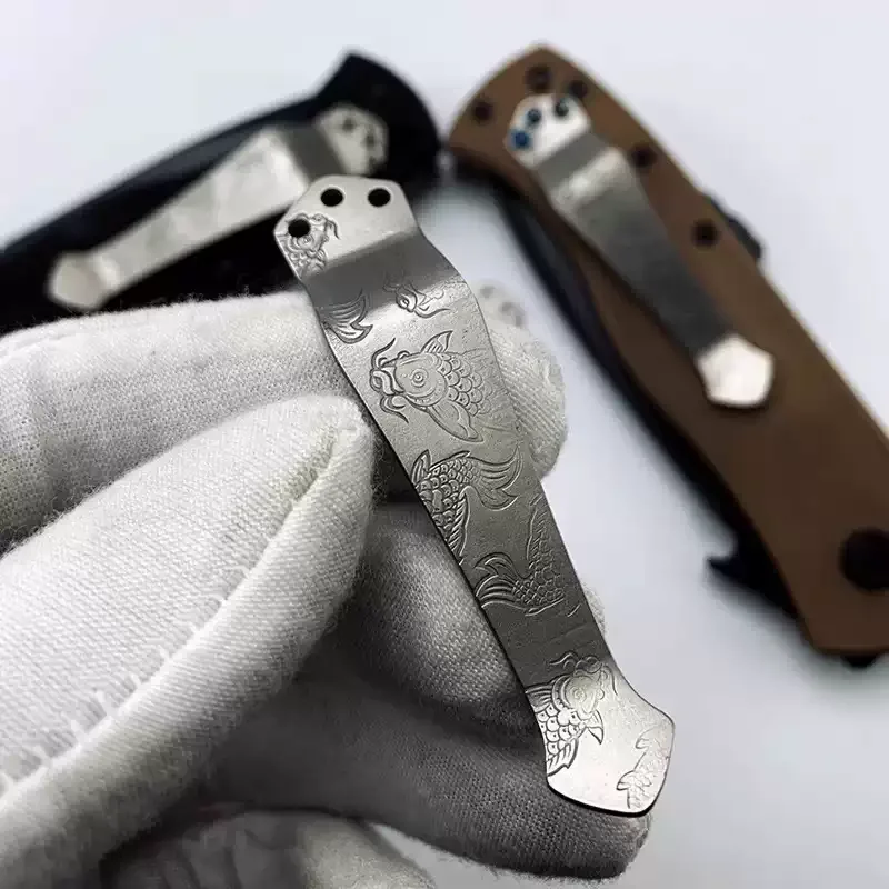 TC4 Titanium CNC Koi Fish Pocket Clip for ZT Benchmade Emerson 3-Hole Knives, 65mm, with Steel Logo