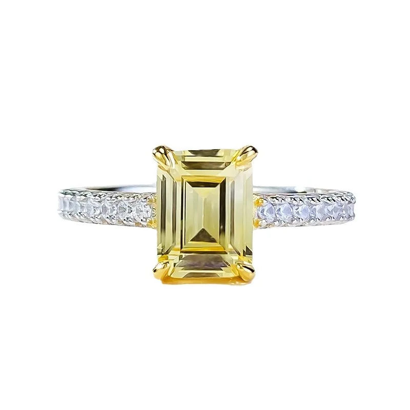 S925 Pure Silver Colored Diamond Yellow Treasure Simulation Diamond 1.5 Carat Pagoda Ring European and American Style Ring