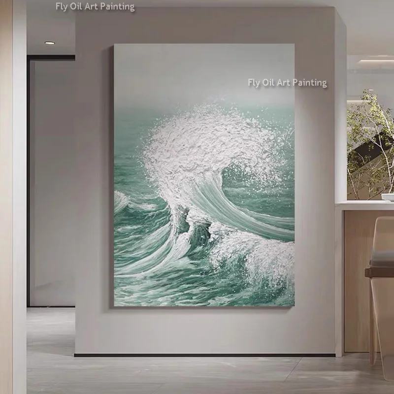 Light Green White Ocean Wave Scape Canvas Thick Artwork New Simplism Design Black White Seascape Oil Painting For Decor As Gift