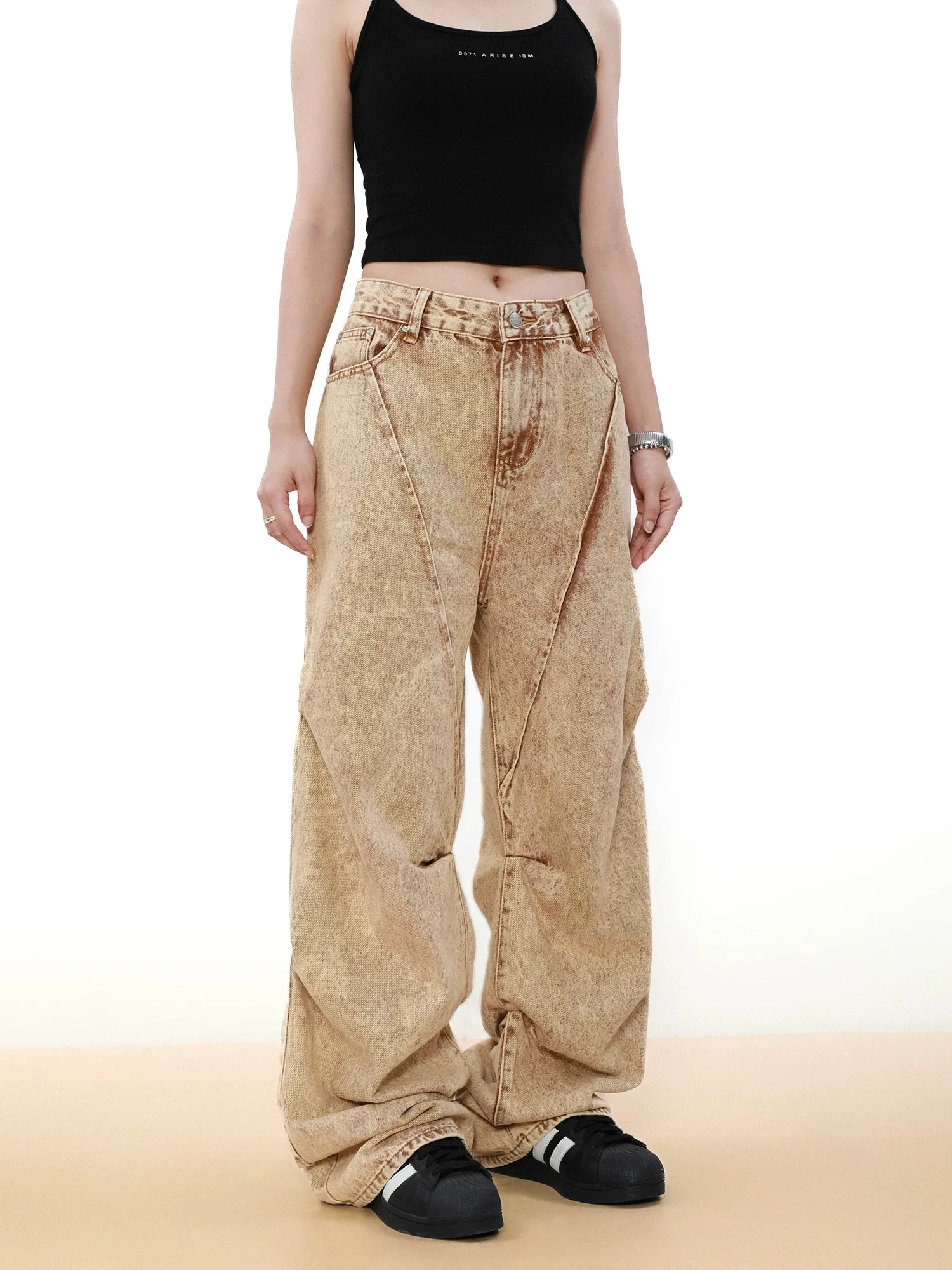 2024 Women Vintage y2k Gold Mud Yellow Baggy Jeans scene Korean Streetwear Grunge Low Waist Pants 2000s Japanese Trashy Clothes