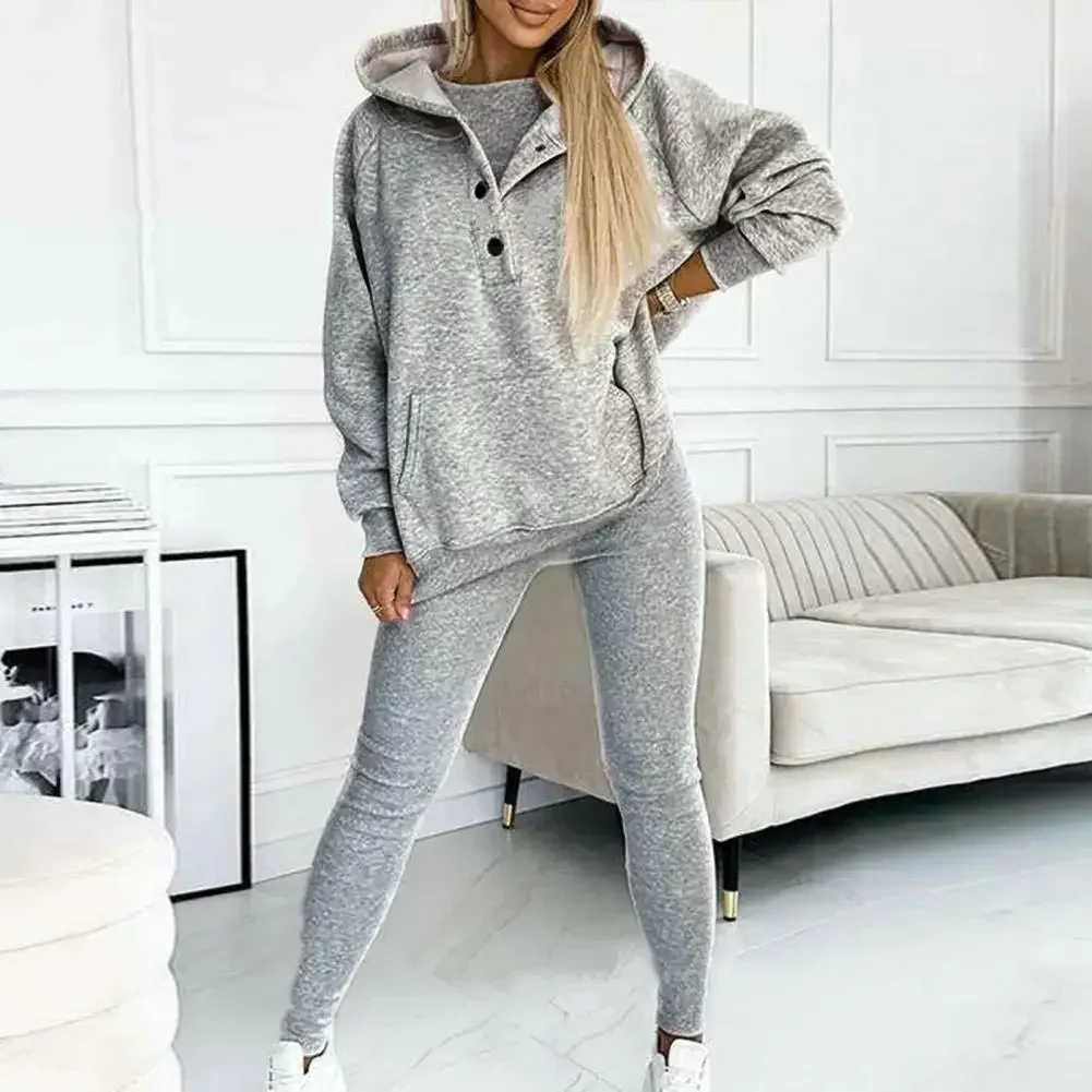 Women Hooded Suit Long-sleeve Pocket Pullove Top Women\'s 3-piece Hoodie Vest Pants Set Soft Thick Warm Elastic Waist Sports