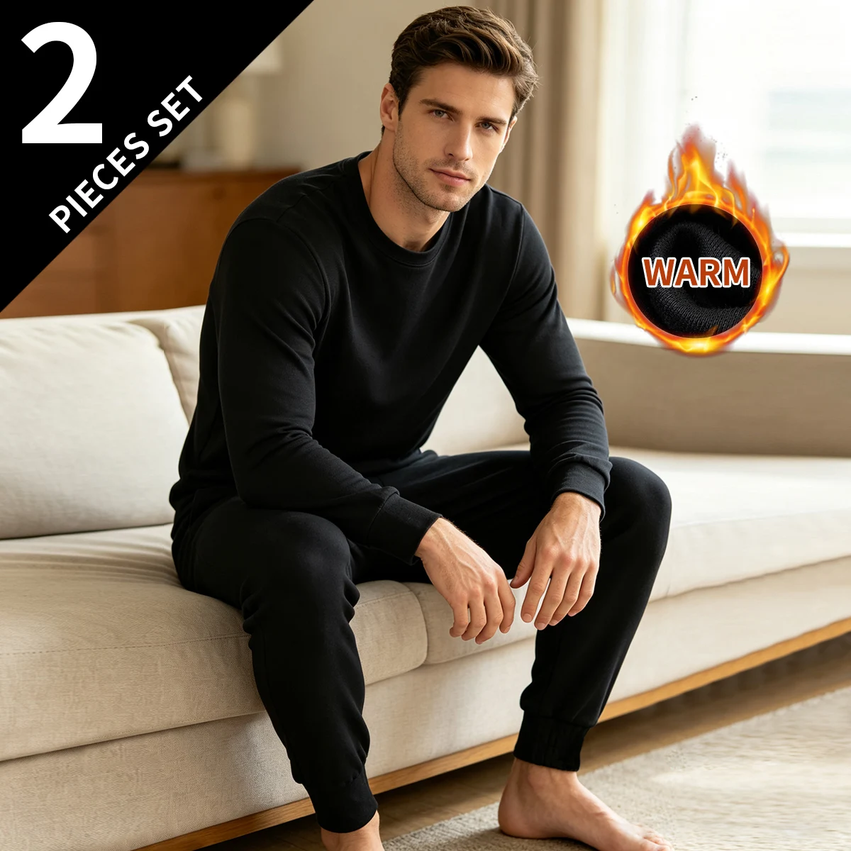 4/2 Men's Autumn/Winter Warm Set Solid Color Multi Color Round Neck Letter Elastic Waist Bundle Long Sleeve Top Casual Pants