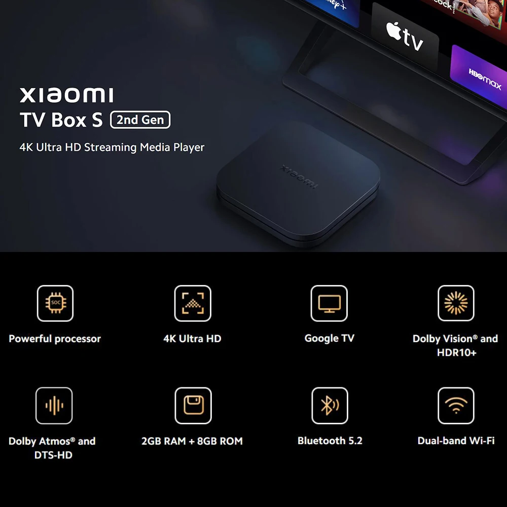 Xiaomi Tv Box S 2e Generatie, Google Tv Smart Tv Box, 4K Ultra-Hd Quad-Core Processor Dolby Vision Hdr10 + Google Assistent, Bt 5.2