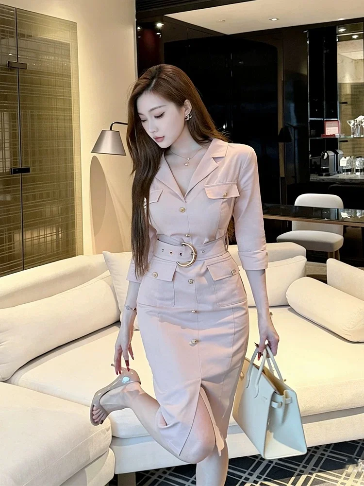 

XZY plus Size Elegant Lady Light Maturity Style Long Sleeve Shirt Dress Women's Summer Slim Fit Split Wrap around Skirt Dress