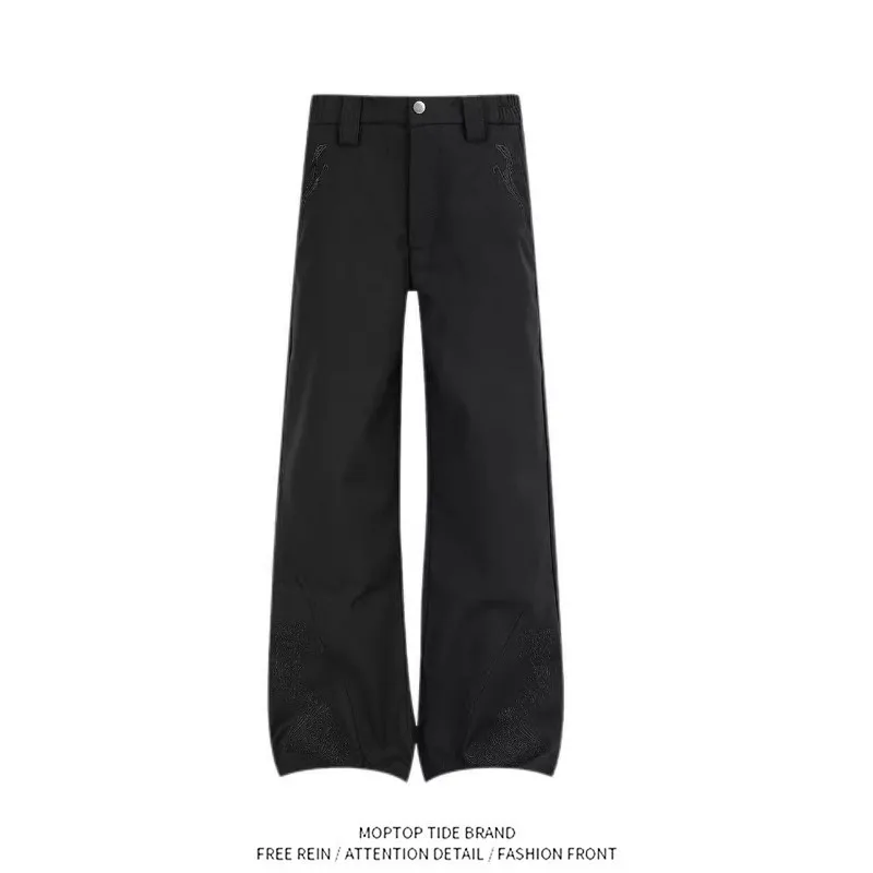 

Casual Embroidered Pattern Design Flared West Pants Men's Straight Leg Long Trousers Trendy Classic Style Polyester Fiber