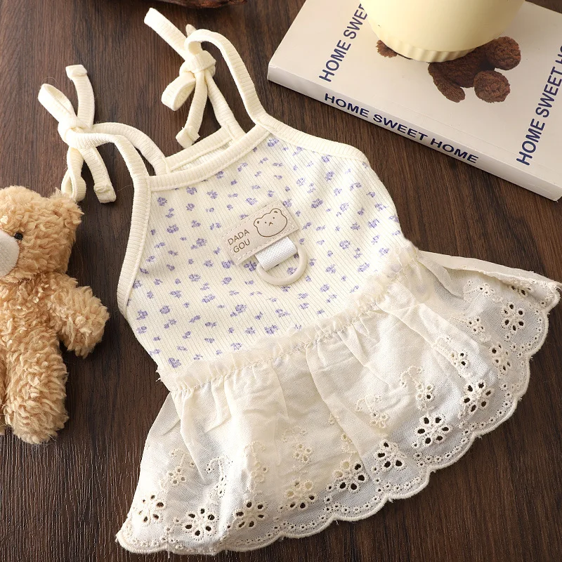 Dog Mesh Floral Camisole Dress Pet Clothing Teddy Breathable Spring/summer Clothing Puppy Can Tow Floral Princess Dress