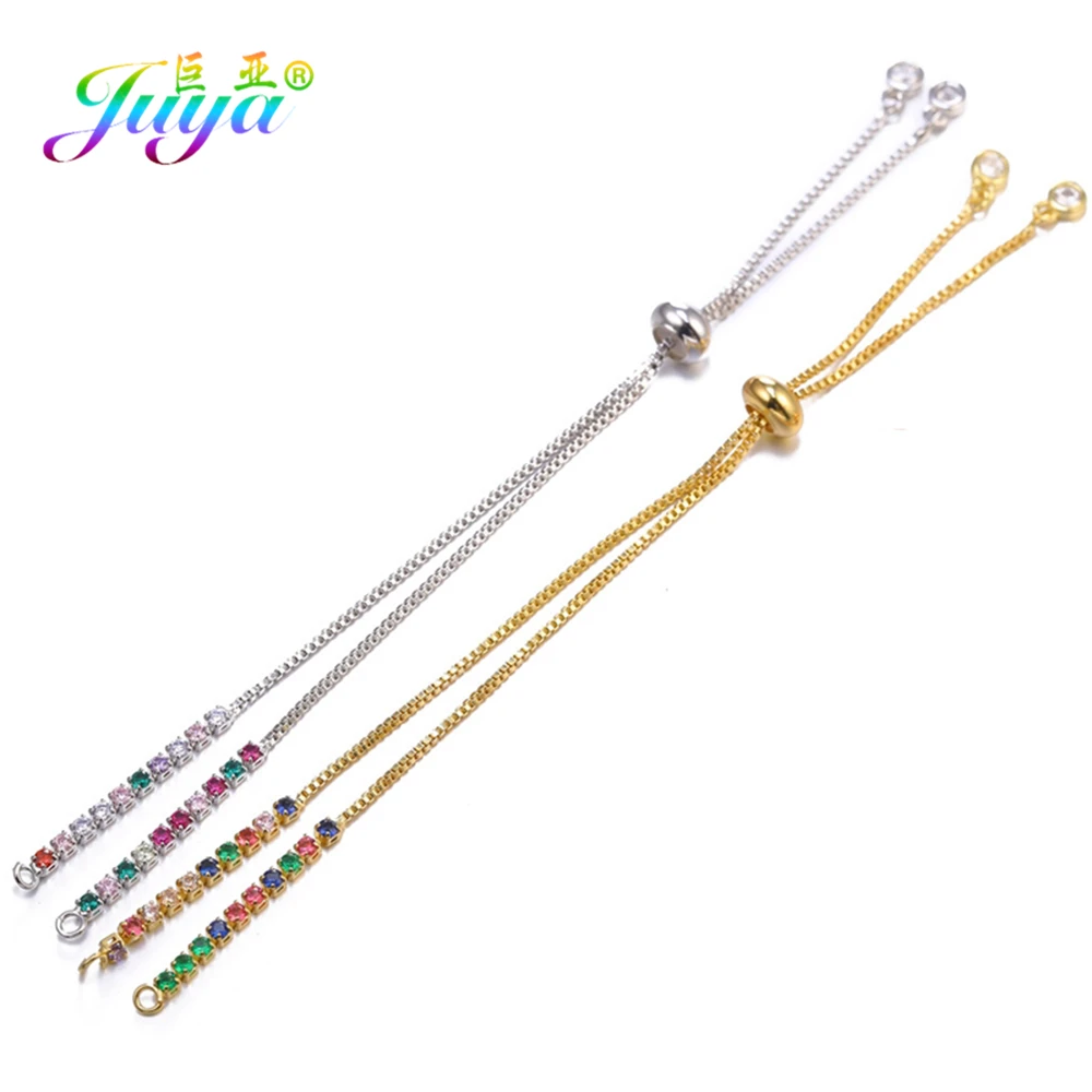 Juya 3Pcs/Lot 18K Real Gold Plated Handmade Rainbow Crystals Claw Adjustable Slider Chains For DIY Women Charms Bracelet Making