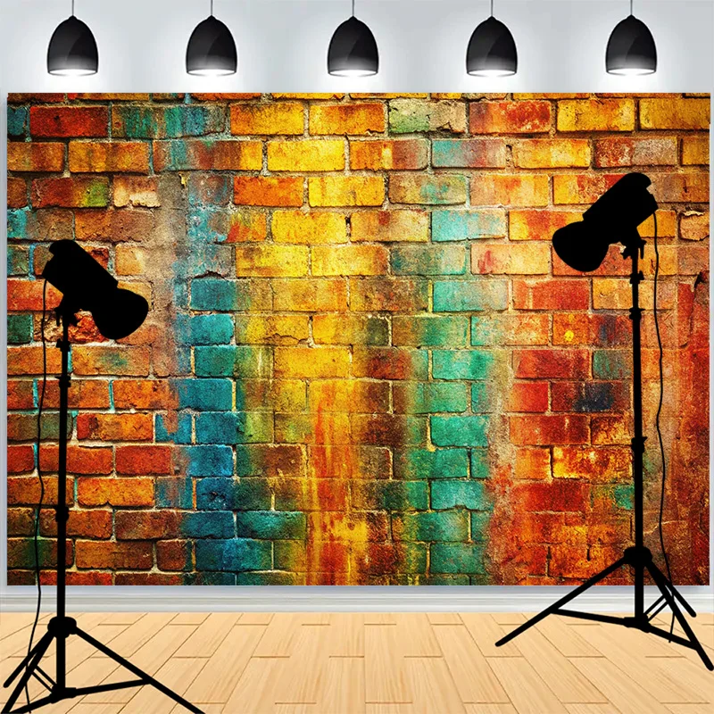 

Graffitistyle Rainbow Painted Brick Wall Background Damaged Rustic Texture Vibrant Grunge Photography Backdrops BK-12