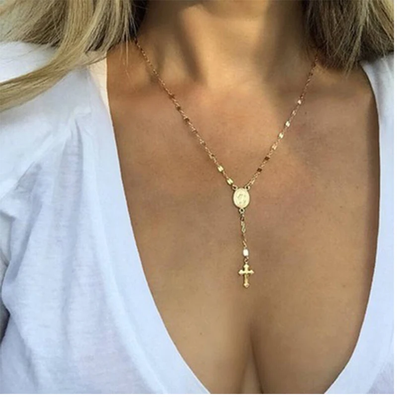 Women's Fashion Cross Pendant Necklaces Virgin Statue Golden/White Female Trendy Neck Accessories Vintage Jewelry Drop-shipping