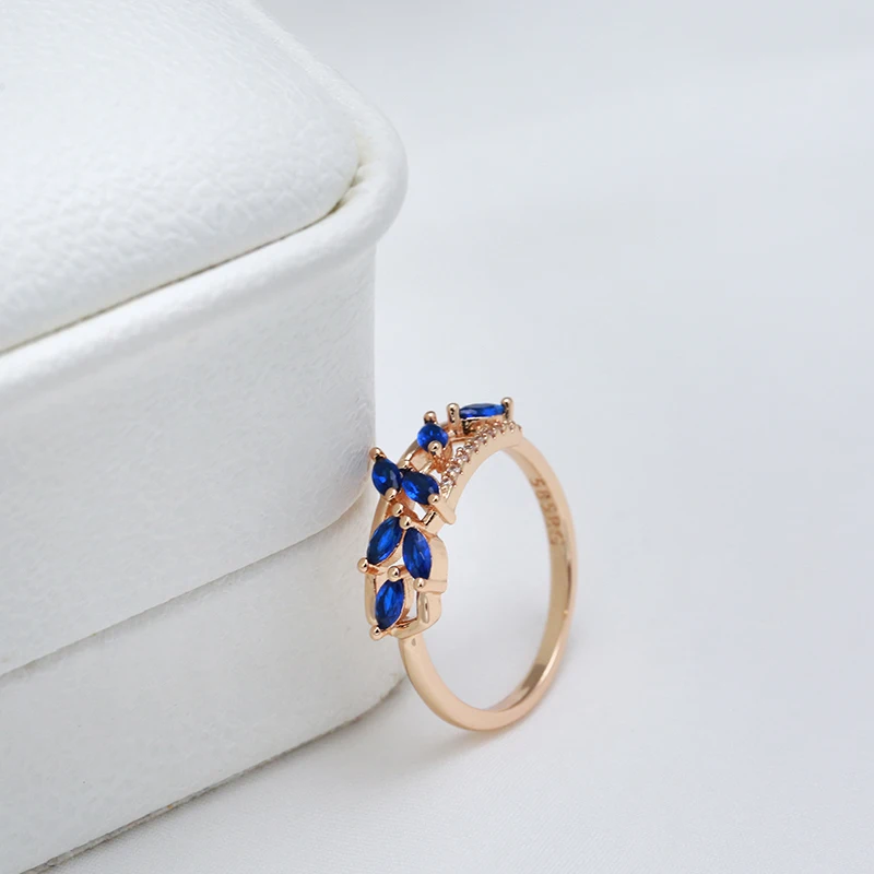 SYOUJYO Leaf Shape Blue Natural Zircon Full Paved Rings For Women Daily Multipurpose Fashion Slim Copper Jewelry Gift