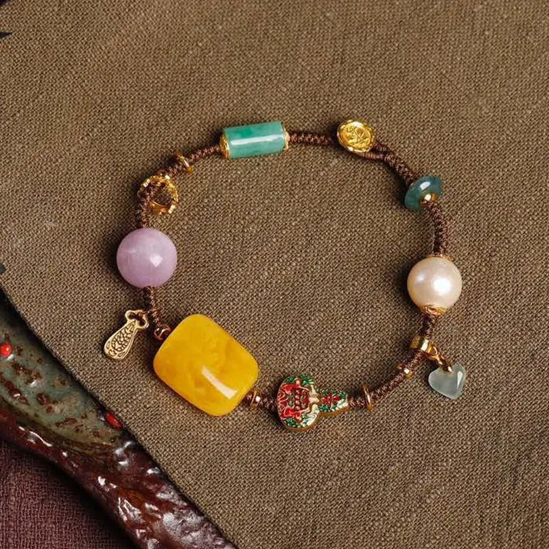 

Premium Natural Russian Amber Multi Gem Handmade Lu Lu Tong Pearl Retro Exquisite Fashion Jewelry Accessory