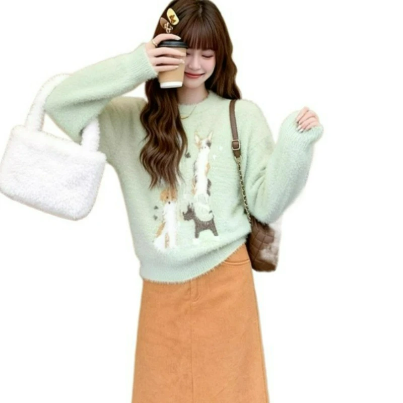 2026 Winter New Fashion Korean-style Laid-back Loose Pullover Top Sweet Cute Imitation Mink Fur Printed Puppy Sweater for Women