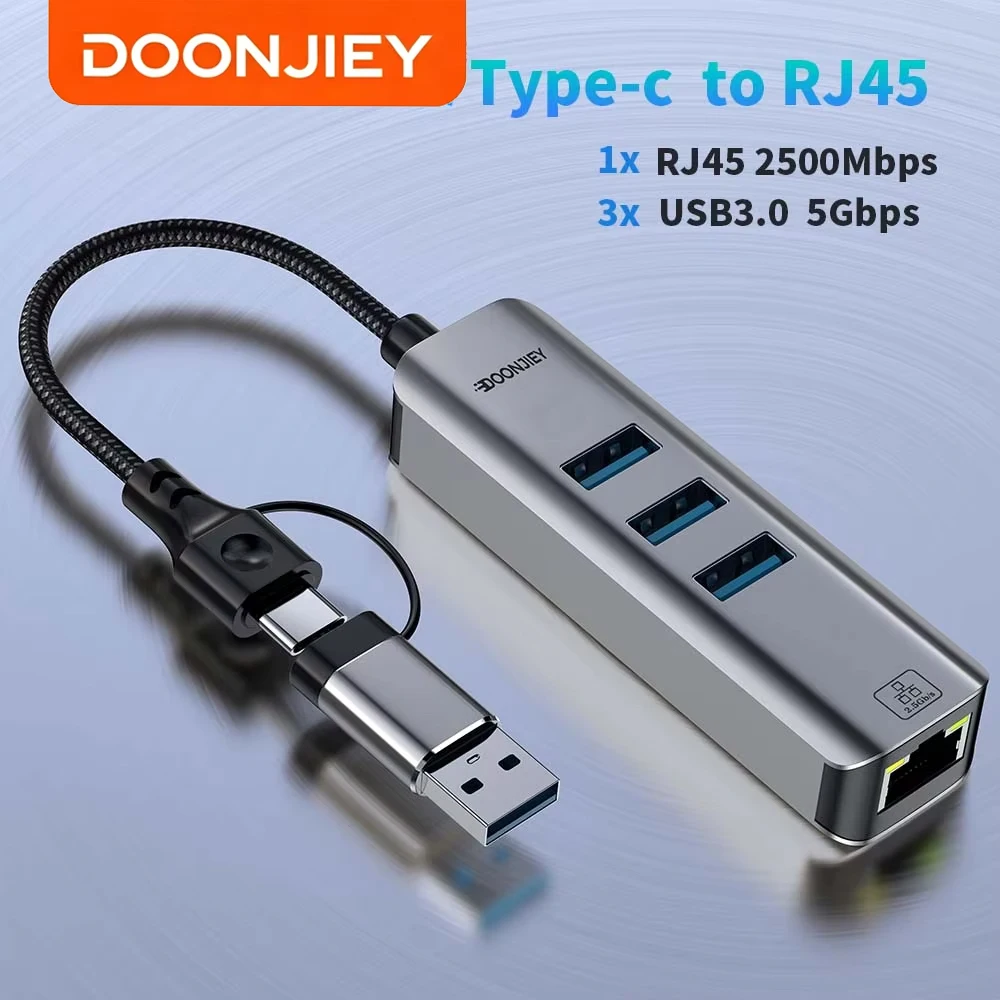 Doonjiey 4 en 1, carte réseau USB 3.0 Type-C vers RJ45 2500 Mbps, adaptateur Ethernet 2.5G, convertisseur Hub LAN pour PC portable Windows