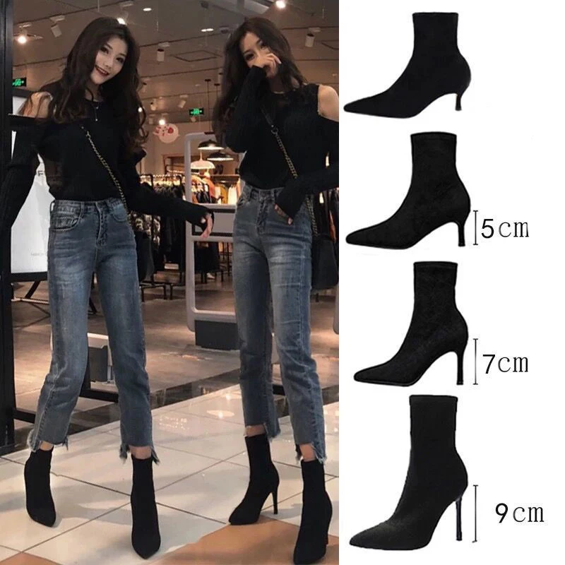 Comemore 2021 Autumn Winter High Heel Women's Shoes Pointed Toe Stiletto Ankle Boots Stockings Black Girls' Socks Boots Dress 34