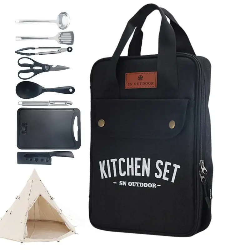 

Portable Camping Kitchen Cookware Set 8pcs/set Camp Kitchen Set Spatula And Cutting Board Storage Bag Set Camping Kitchenware