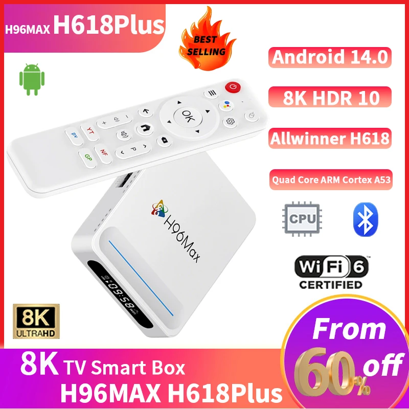 Smart TV Box H96MAX H618 8K Android 14.0 Allwinner H618PLUS Quad Core A53 4GB 32GB HD 100M Dual Wifi Media Player TV Box