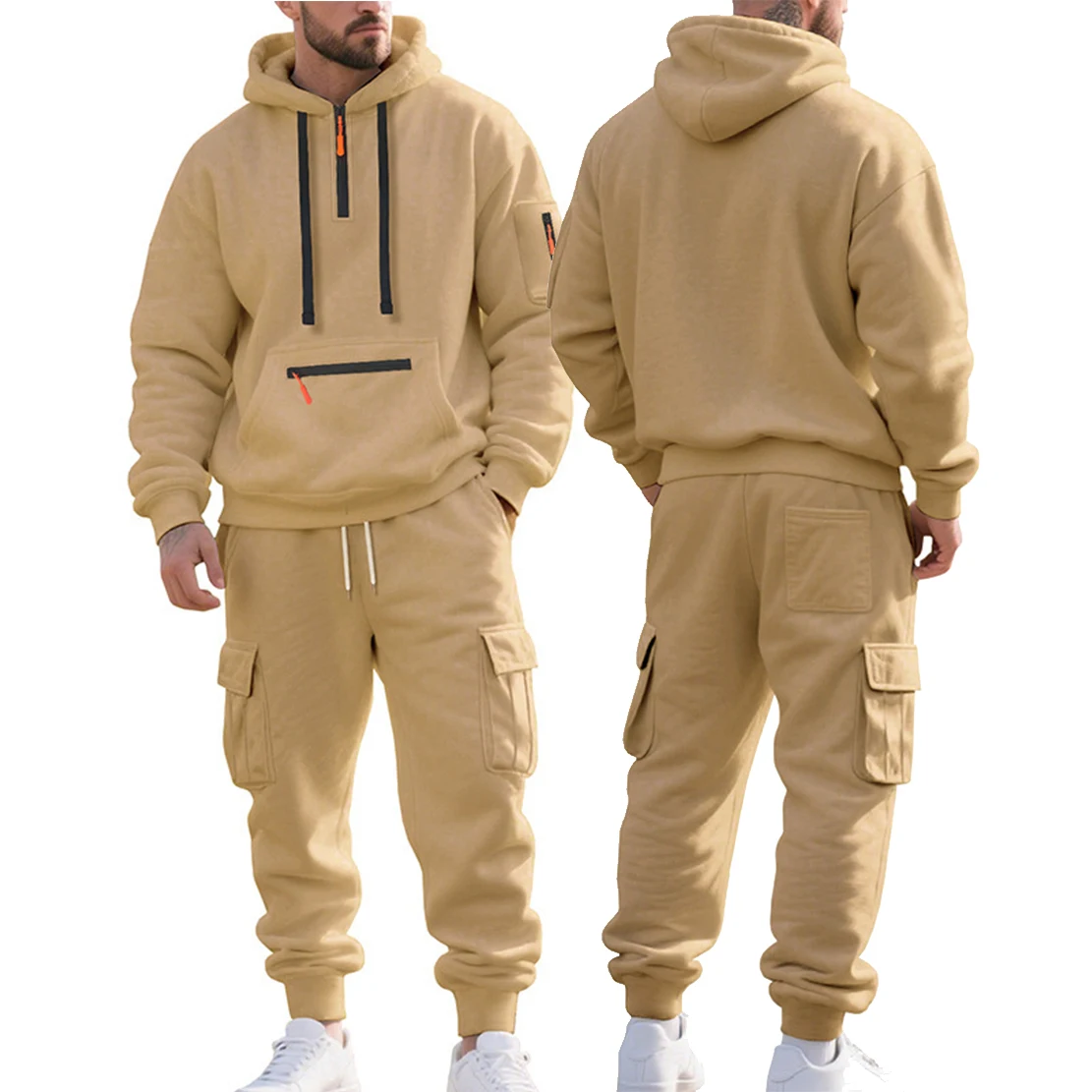 Conjunto de chándal informal con forro polar pesado para hombre para invierno: estilo de ropa de trabajo de 2 piezas, corte holgado, media cremallera