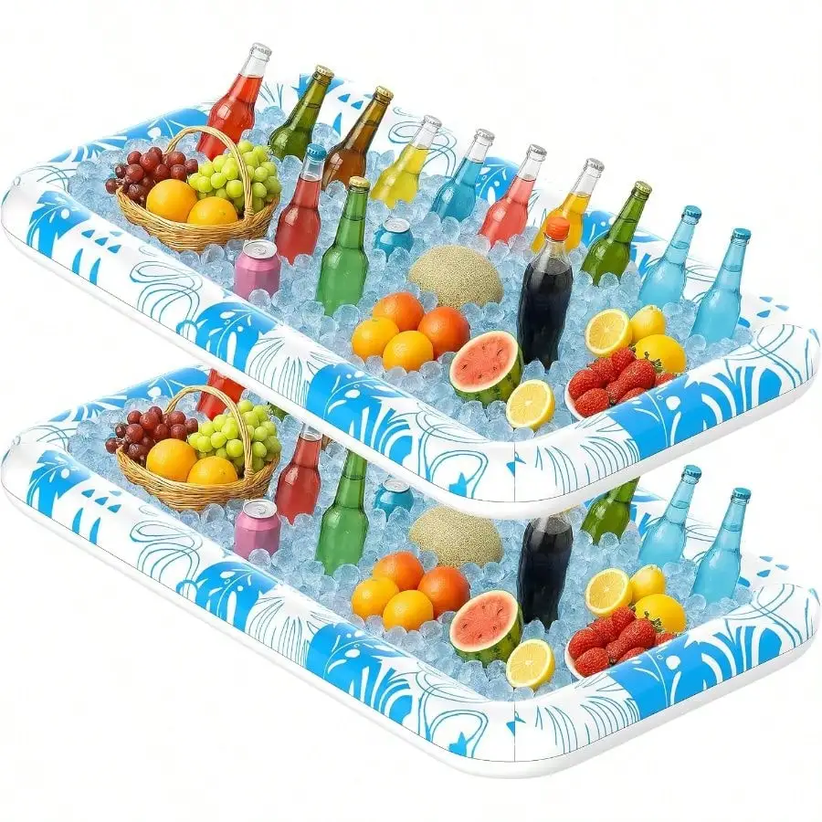 2 Pack Inflatable Ice Serving Tray Drink Cooler With Drain Plug Colorful LED Lighted Buffet Serving Tub Large Reusable Party Ice Holder For Keeping Drinks Cold At Pool Summer BBQ Outdoor Events Family Gatherings