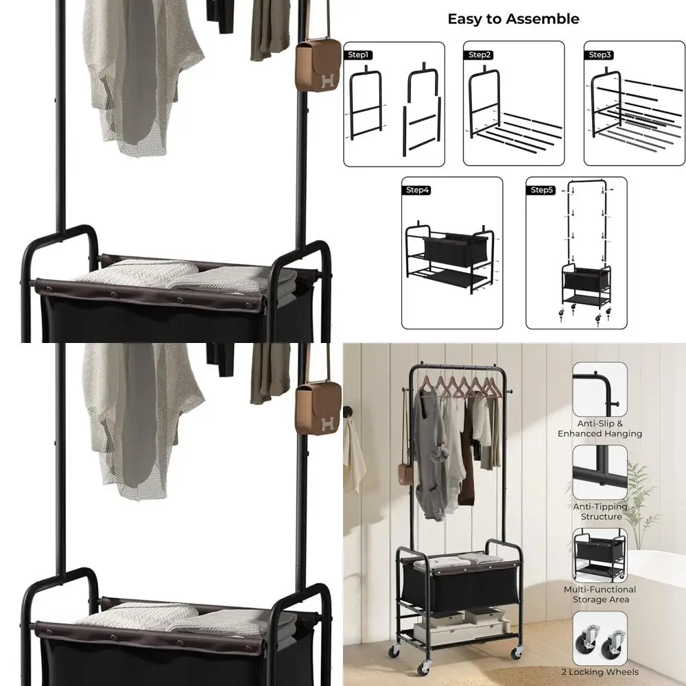 

Тележка для белья на колесиках с корзиной, черная, для сортировки одежды и хранения вещей