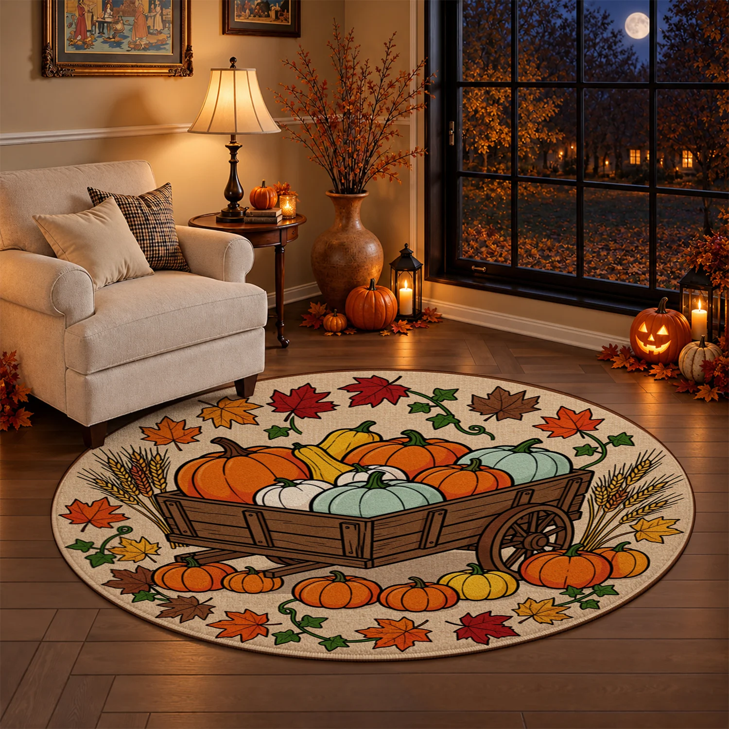 Autumn Pumpkin Wagon Maple Leaves Round Velvet Decorative Mat, Machine Washable Floor Mat Stays Firmly in Place, Suitable for Entryway Living Room Kitchen Porch, Ideal for Halloween Thanksgiving Christmas New Year Black Friday Home Decor