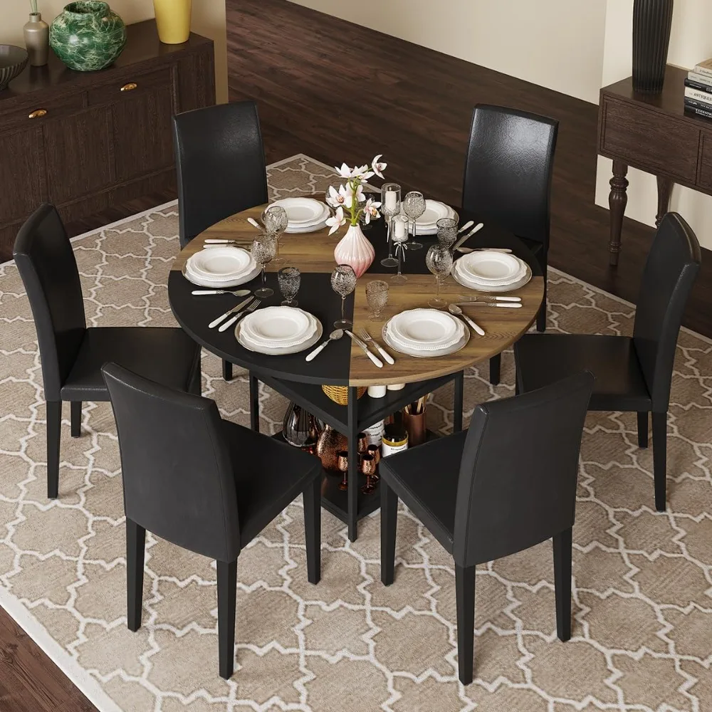

47-inch 6-person Dining Table Set (including Chairs), 6-person Round Dining Table Set with 6 PU Leather Chairs