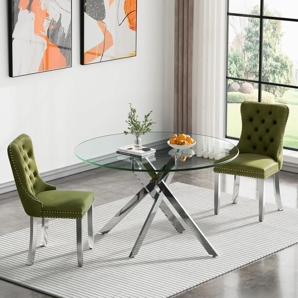 

Круглый обеденный набор с 2 зелеными бархатными стульями, стеклянный стол 47 дюймов, комплект для завтрака из 3 предметов