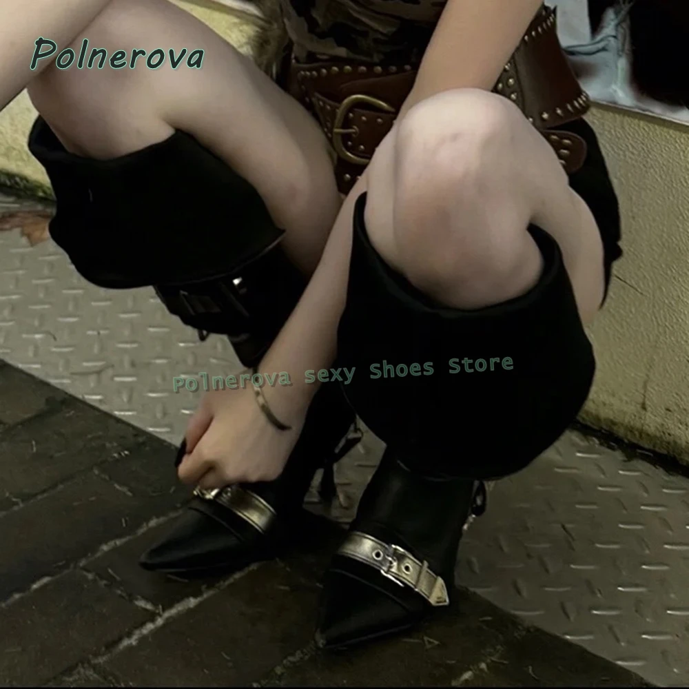Cyberpunk Style Fashion Booty Metal Belt Buckle Punk Knee High Boots Pointed Toe Stiletto Zip Decoration Retro Spicy Girl Newest