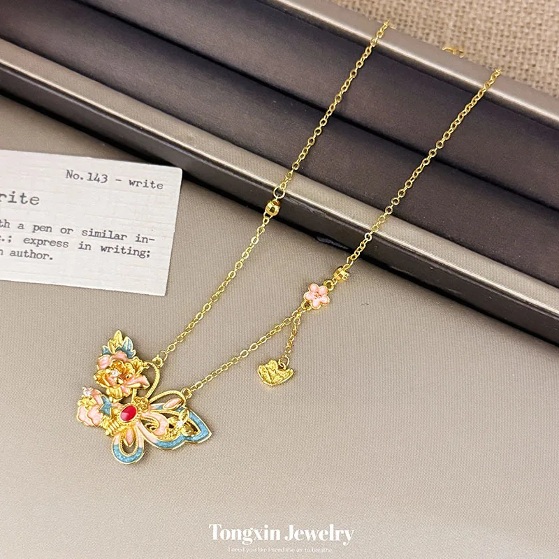 Ancient Fa Sha gold burning blue enamel color peony flower butterfly necklace light luxury senior collarbone chain pendant