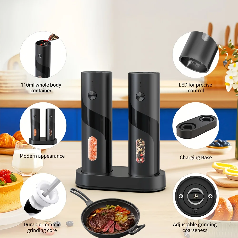 Electric Pepper and Salt Grinder with Charging Base, One-Hand Operation, LED Light, Adjustable Coarseness, 300mAh Battery