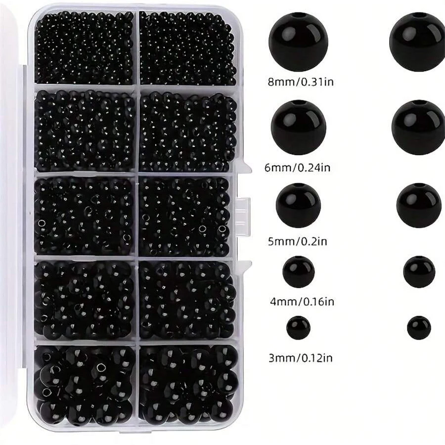1600pcs, 3/4/5/6/8mm Black Round Bead Set Box in Various Sizes, Separated Storage, Bracelets, and DIY Bead Jewelry Making