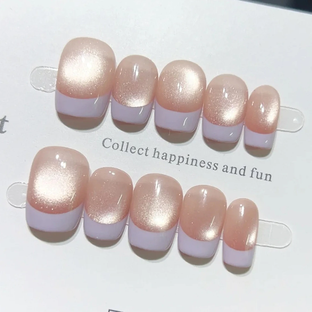 

10PCS Handmade Simple Purple French Short Square Press on Nails Glossy Cat Eye Oval Design with Glue Wearable Fake Nail Tips