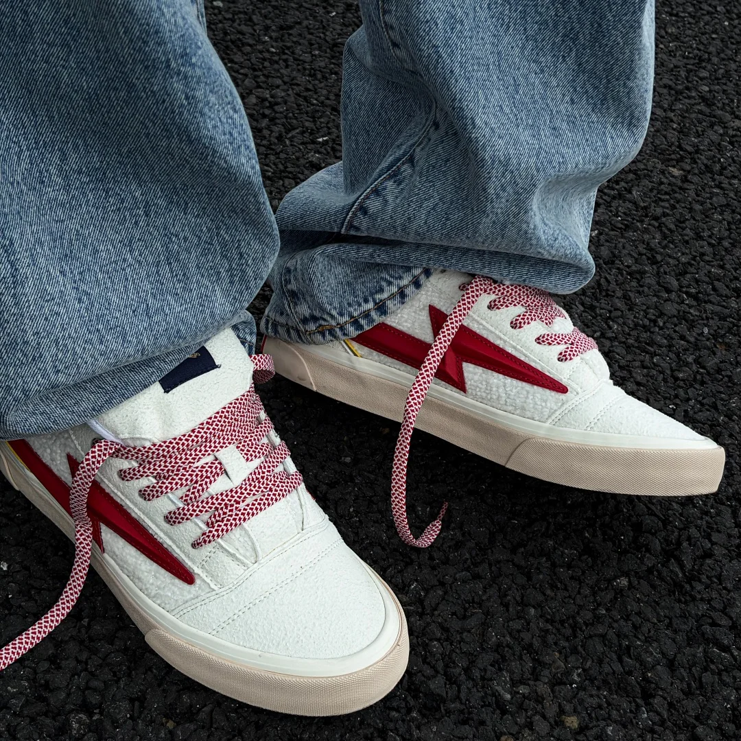White Red Lightning Color Block Chunky Sneakers for Men Women, Retro Low Top Casual Couple Student Skate Shoes