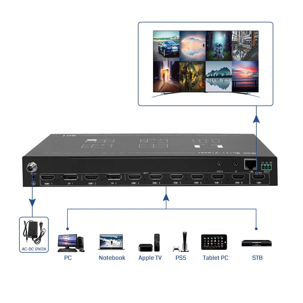 

4K60 HDMl 8x1 Quad/eight Multi-Viewer Splitter Seamless Switcher Professional Audio Video Remote/RS232 Control